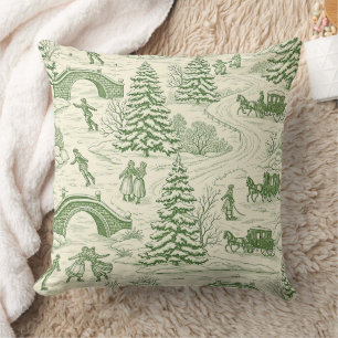 Green Toile Christmas Sleigh Ride Pattern (4) Cushion