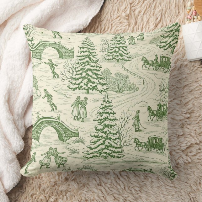 Green Toile Christmas Sleigh Ride Pattern (4) Cushion (Blanket)