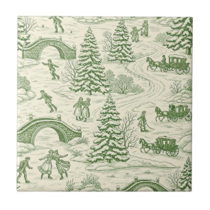 Green Toile Christmas Sleigh Ride Pattern (4) Tile