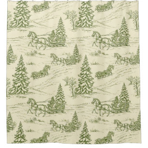 Green Toile Christmas Sleigh Ride Pattern Shower Curtain