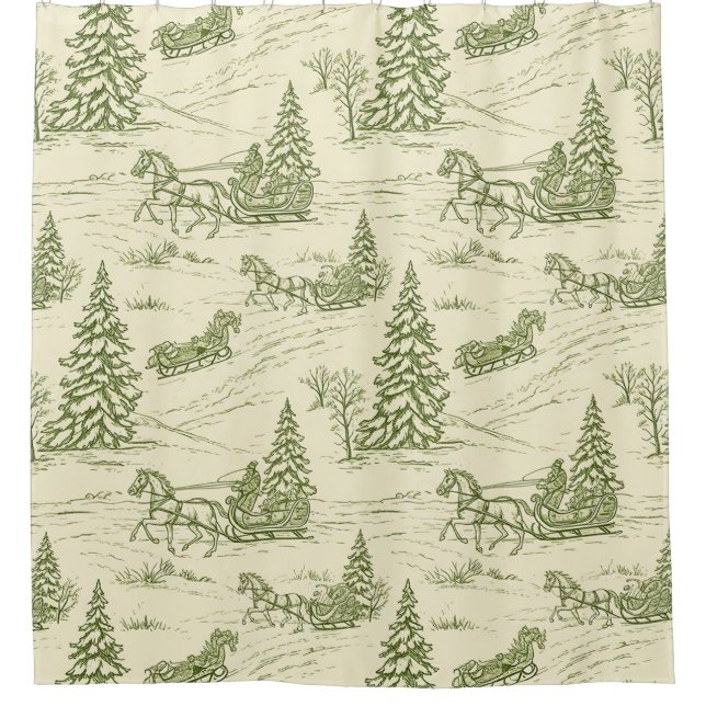 Green Toile Christmas Sleigh Ride Pattern Shower Curtain (Front)