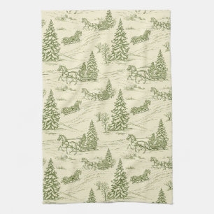 Green Toile Christmas Sleigh Ride Pattern Tea Towel