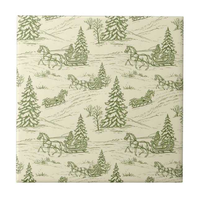 Green Toile Christmas Sleigh Ride Pattern Tile (Front)