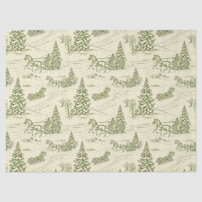 Green Toile Christmas Sleigh Ride Pattern Tissue Paper (Front)