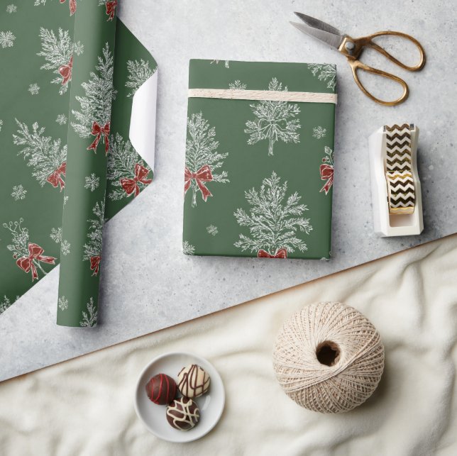 Green Toile Christmas Tree Pattern Wrapping Paper (Crafts)