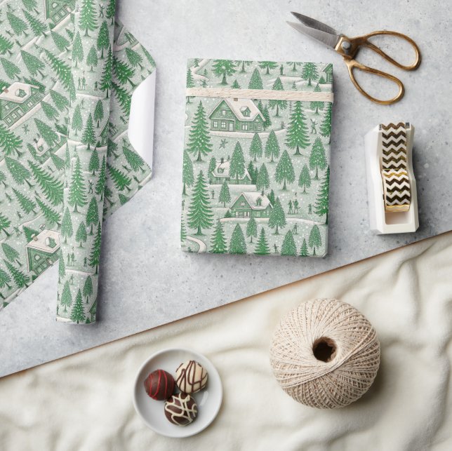 Green Toile Christmas Tree Scenery Wrapping Paper (Crafts)