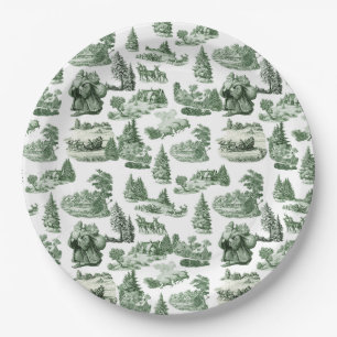Green Toile Christmas Village Santa Reindeer  Paper Plate