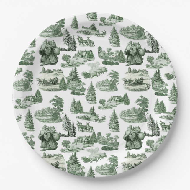 Green Toile Christmas Village Santa Reindeer  Paper Plate (Front)