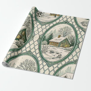Green Toile Country Cottage Frame Lattice Pattern Wrapping Paper
