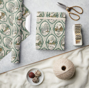 Green Toile Country Cottage Frame Lattice Pattern Wrapping Paper