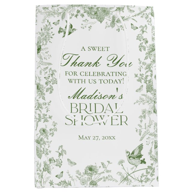 Green Toile De Jouy Bridal Shower Favours Medium Gift Bag (Front)