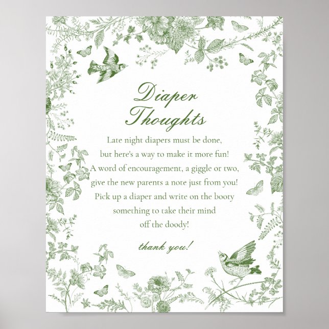 Green Toile De Jouy Diaper Thoughts Baby Shower Poster (Front)