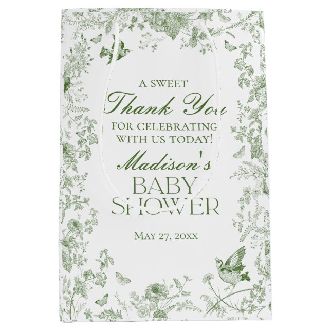 Green Toile De Jouy Floral Baby Shower Favours Medium Gift Bag (Front)