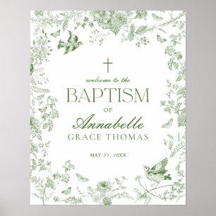 Green Toile De Jouy Floral Baptism Welcome Sign