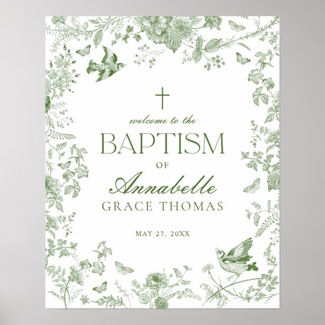 Green Toile De Jouy Floral Baptism Welcome Sign (Front)