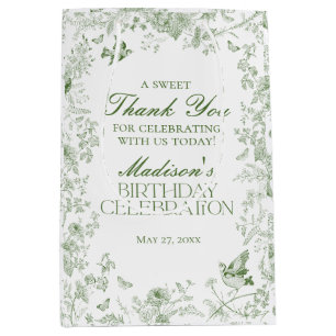 Green Toile De Jouy Floral Birthday Party Favours Medium Gift Bag