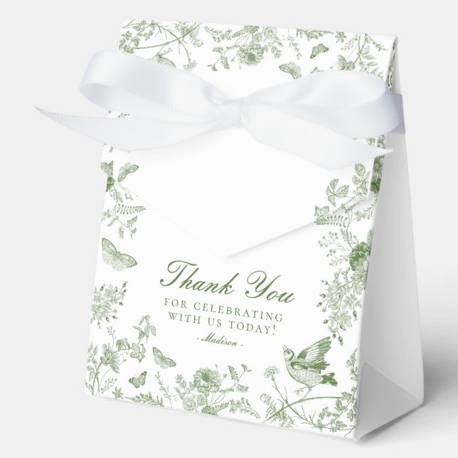 Green Toile De Jouy Floral Dessert Favour Boxes (Front)