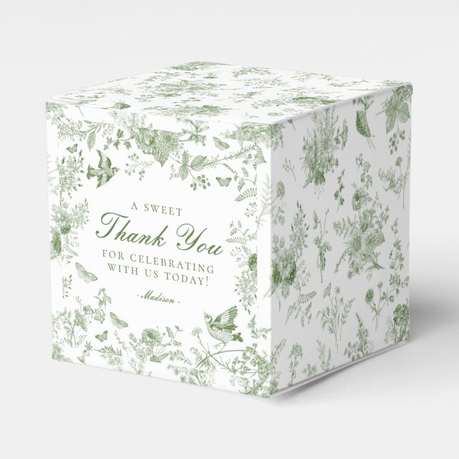 Green Toile De Jouy Floral Dessert Favour Boxes (Front Side)