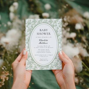 Green Toile De Jouy Floral Photo Baby Shower Invitation