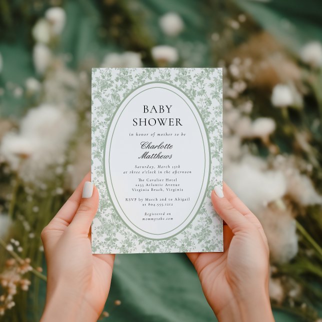 Green Toile De Jouy  Floral Photo  Baby Shower  Invitation (Creator Uploaded)