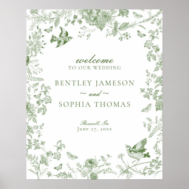 Green Toile De Jouy Floral Wedding Welcome Sign (Front)
