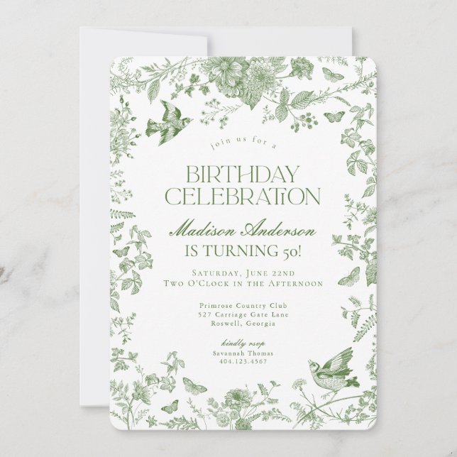 Green Toile De Jouy French Floral Birthday Party Invitation (Front)