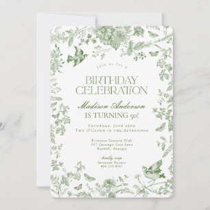 Green Toile De Jouy French Floral Birthday Party Invitation