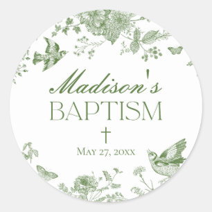 Green Toile De Jouy Vintage Floral Baptism Favour Classic Round Sticker