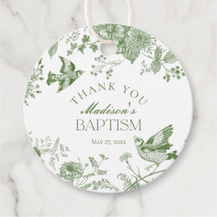 Green Toile De Jouy Vintage Floral Baptism Favour Tags