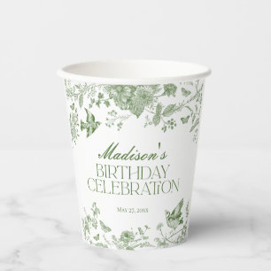 Green Toile De Jouy Vintage Floral Birthday Party Paper Cups