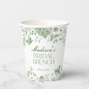 Green Toile De Jouy Vintage Floral Bridal Brunch Paper Cups