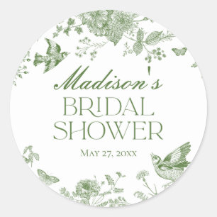 Green Toile De Jouy Vintage Floral Bridal Shower Classic Round Sticker