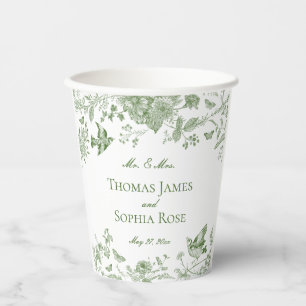 Green Toile De Jouy Vintage Floral Wedding Paper Cups