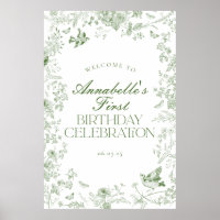 Green Toile Floral Birthday Party Welcome Sign
