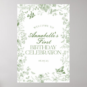 Green Toile Floral Birthday Party Welcome Sign