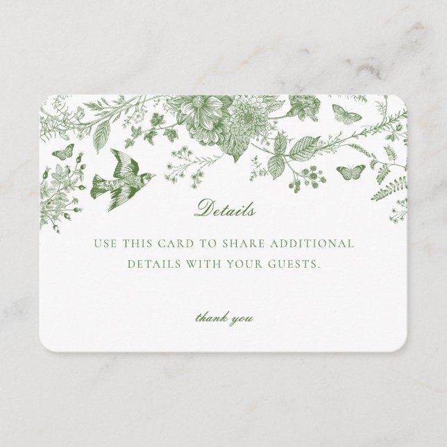 Green Toile Floral Details Card Invitation Insert (Front)