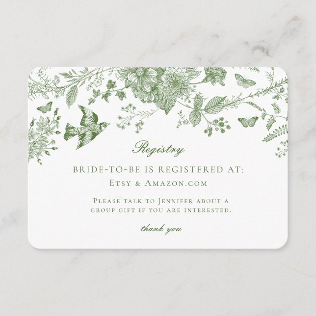 Green Toile Floral Registry Card Invitation Insert (Front)