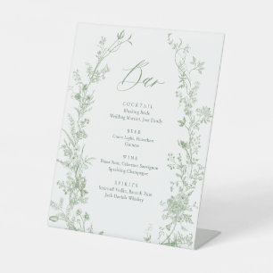 Green Toile Floral Wedding Drink Bar Menu Pedestal Sign