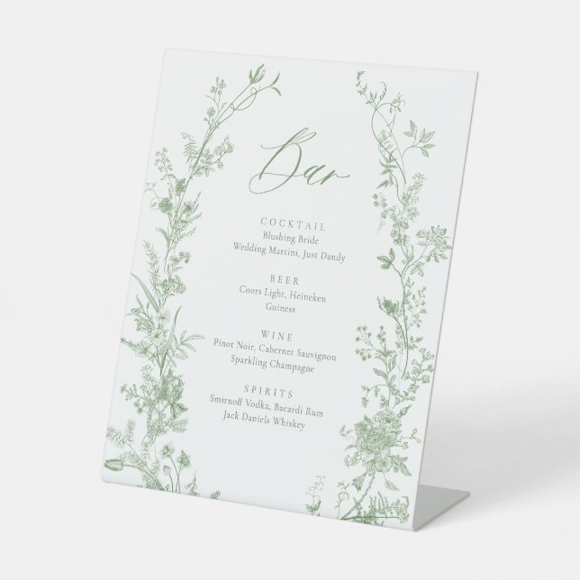 Green Toile Floral Wedding Drink Bar Menu Pedestal Sign (Front)