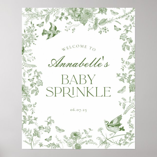 Green Toile Jouy Floral Baby Sprinkle Welcome Sign (Front)