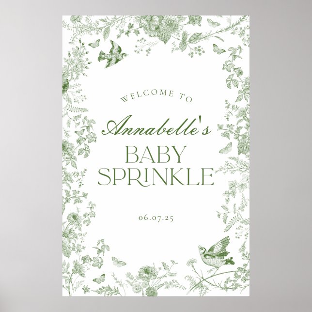 Green Toile Jouy Floral Baby Sprinkle Welcome Sign (Front)