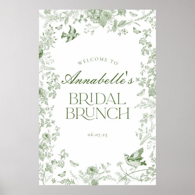 Green Toile Jouy Floral Bridal Brunch Welcome Sign (Front)