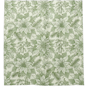 Green Toile Poinsettia Christmas Pattern (1) Shower Curtain