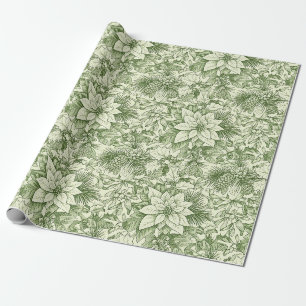 Green Toile Poinsettia Christmas Pattern Wrapping Paper