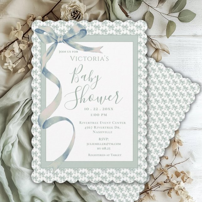 Green Toile Ribbon Vintage Elegant Baby Shower Invitation (Creator Uploaded)