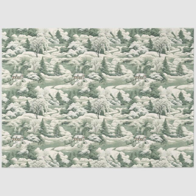 Green Toile Snowy Landscape Tissue Paper (Front)