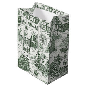 Green Toile Vintage Christmas Village Pattern (2) Medium Gift Bag