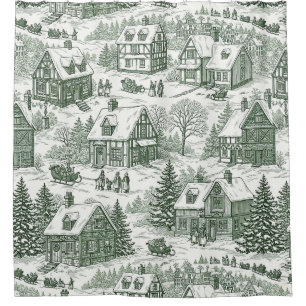Green Toile Vintage Christmas Village Pattern (2) Shower Curtain