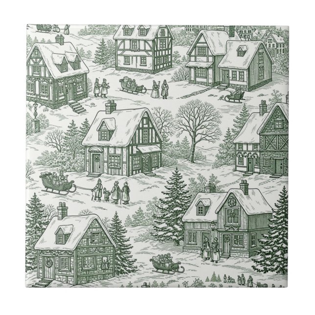 Green Toile Vintage Christmas Village Pattern (2) Tile (Front)