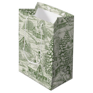 Green Toile Vintage Christmas Village Pattern (3) Medium Gift Bag